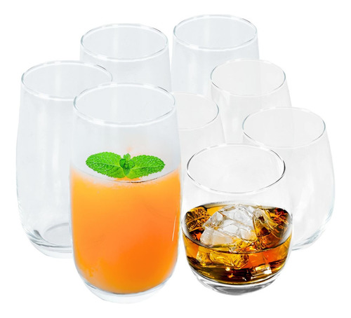 Napoli Juego 8 Vasos De Vidrio 300 Y 540 Ml Moderno Ovalado Color Transparente