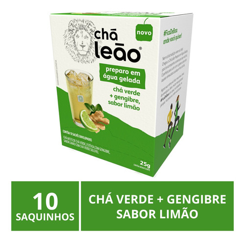 Chá Leão Gelado, Verde E Gengibre Sabor Limão, 10 Saquinhos.