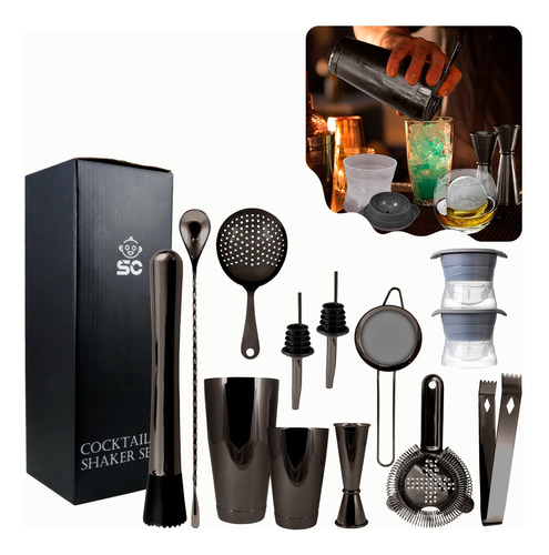 Kit Cocteleria 12 Pzs De Acero Shaker Bartender Molde Hielo