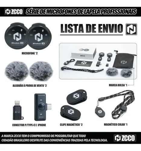 Microfone Sem Fio Zcco J6 Duplo Lapela Anti Ruido 2interface Preto