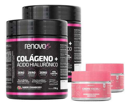 Kit 2x Colágeno Verisol + Ácido Hialurônico Renova Be Colágeno Hidrolisado Zero Lactose Vitaminas E, C, B6 Biotina E Zinco