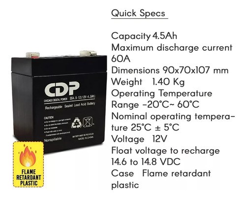 Batería Cdp De 12v-4.5ah, De Reemplazo Para Nobreak
