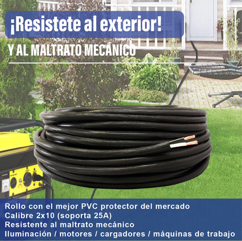 Rollo De 25m Cable Uso Rudo 2x10 Color Negro
