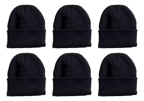 Pack X6 Gorro Liso De Lana Negro Unisex Para Invierno Hw-041