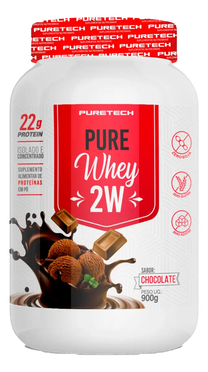 Whey Protein 2W Isolado e Concentrado Pote 900g Sabor Chocolate Puretech