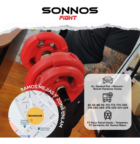 Kit De Barras + Mancuernas + 30 Kg. De Discos Con Manijas Color Rojo