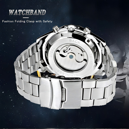 Relojes Luminosos De Fase Lunar Forsining Tourbillon Color De La Correa Silver White
