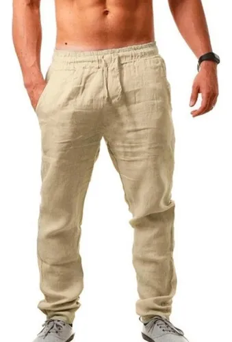 Pantalones de lino de algodón para hombre, pantalones de yoga de playa  informales con cintura elástica, blanco XXL ER