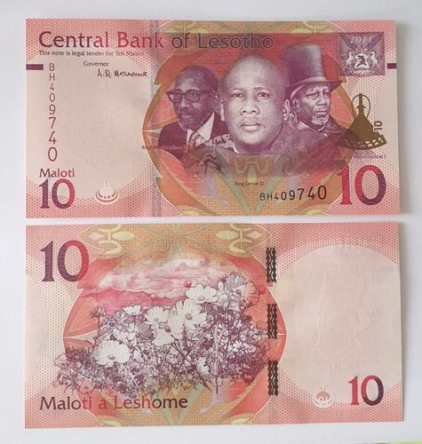 Imagen 1 de 1 de Billetes Mundiales: Lesotho 10 Maloti Año 2021 Dinastia Real