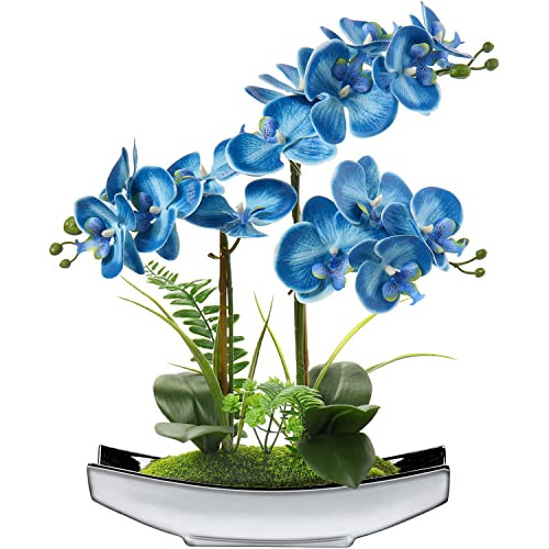 Flores Artificiales Orquídeas Azules Maceta Plateada D...