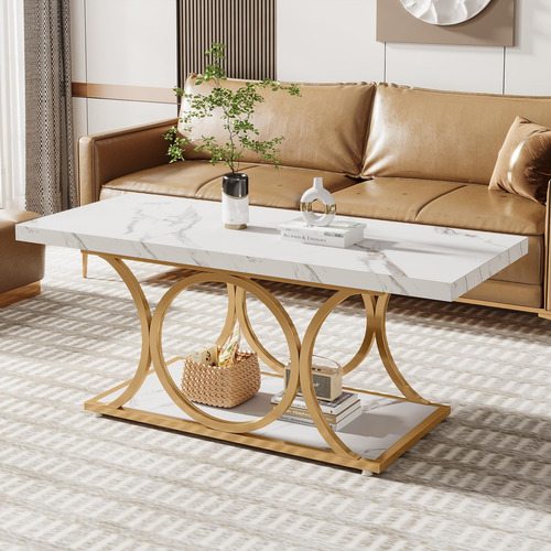 Mesa Auxiliar Rectangular 120 Cm Madera Mármol 2 Niveles