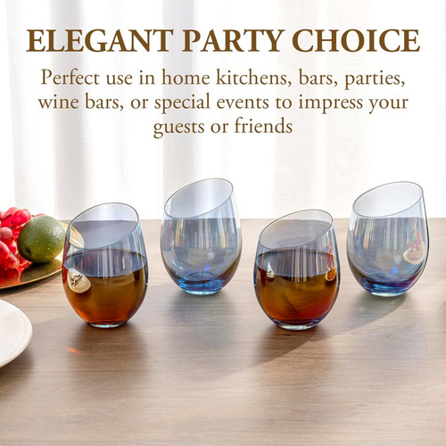 Mygift Copas De Vino Sin Tallo De Vidrio Azul Iridiscente Mo
