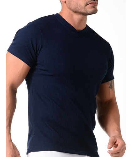 Camiseta Acanalada Algodón Cuello V Manga Corta (2682)