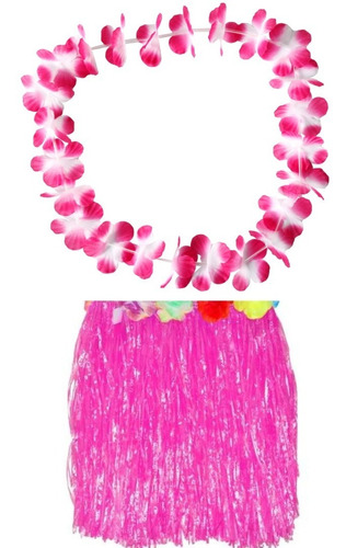 Set Disfraz Pollera Y Collar Hawaiano Hula Flores Colores