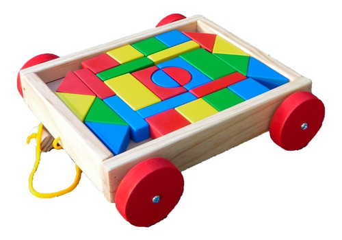 Imagen 2 de 10 de Juego Carro Madera 28 Bloques Construcción Tira Con Arrastre