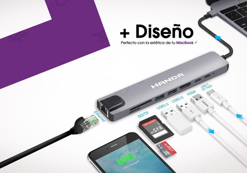 Imagen 2 de 10 de Adaptador Usb C Macbook Pro Air Hub Hdmi 4k Lan Rj45 8 En 1