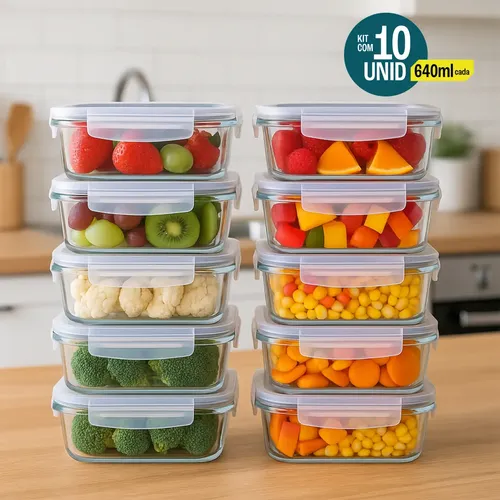 Kit 10 Potes De Vidro Hermetico 640ml 4 Travas Livre De Bpa