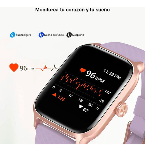 Reloj Inteligente Smartwatch Estilo De Vida Y Fitness Ew1 Color De La Caja Blanco Color De La Malla Lila Color Del Bisel Dorado