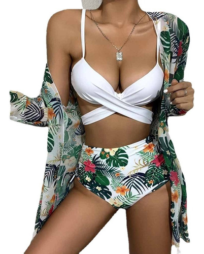 Beach Cover-up Set Mujer Kimono + Bikini Floreado