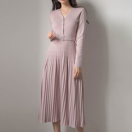 Vestido De Punto Con Cinturón Y Cuello De Pico