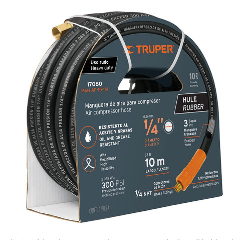 Manguera De Hule Para Compresor, 15 M X 1/4 , Truper 17081