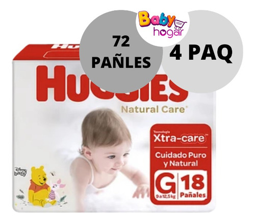 Pañal Huggies Natural Care Talla G X4paq 72pñales