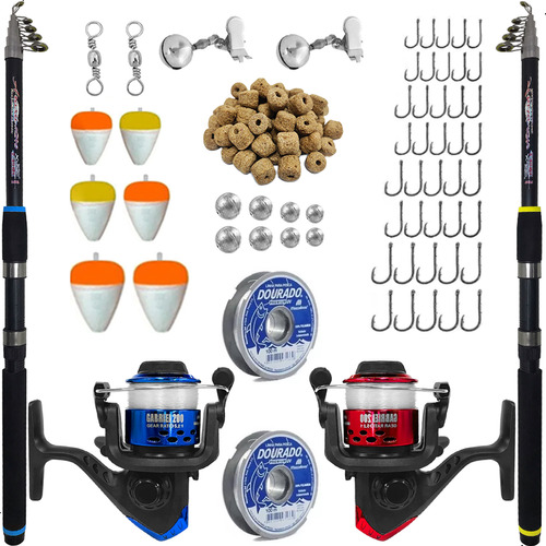 Kit Pesca 2 Varas Telescópicas 3,60m 2 Molinetes+ Acessórios