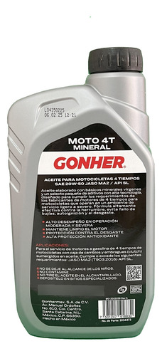 Aceite Para Moto 4 Tiempos Mineral Gonher 20w50 950ml