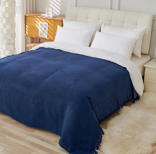 Manta Cubre Sillon Pie De Cama Rustica 400 Hilos 190x230 Cm Azul Manta