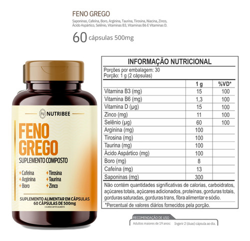 Kit 3x Feno Grego Com Taurina, Arginina, Boro, Caféina, Tirosina, Zinco 180 Cápsulas