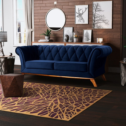 Sofá 3 Lugares Para Sala Império 180cm Veludo Azul C-287 Desenho Do Tecido Liso