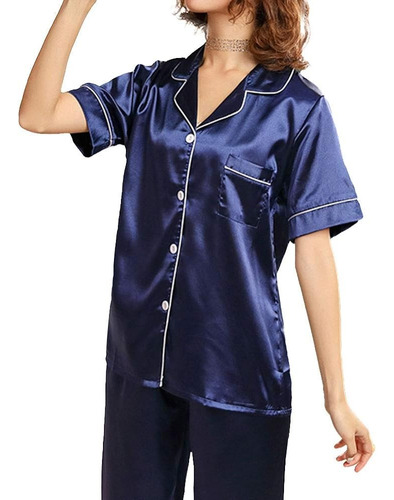 Pijama Satin 2 Pzas Pantalon Blue Rayas Comoda Mujer