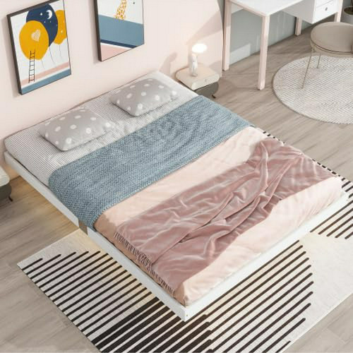 Cama Flotante De Madera Con Luces Led, Moderna (blanca, Quee