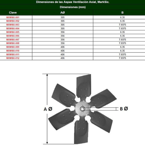 Aspas Metal Ventilación Refacción, Mxmsx-011, 16 Ø, 6 Aspas, Color Gris