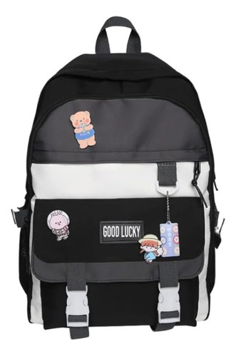 Mochila Escolar Paseo Importada Impermeable Llavero Animales Negro, Gris Y Blanco Llavero Llama