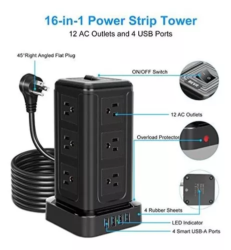 BEVA Torre de regleta con puertos USB, torre protectora de sobretensiones  16 en 1, 12 puertos AC y 4USB, cable de extensión de 10 pies con múltiples