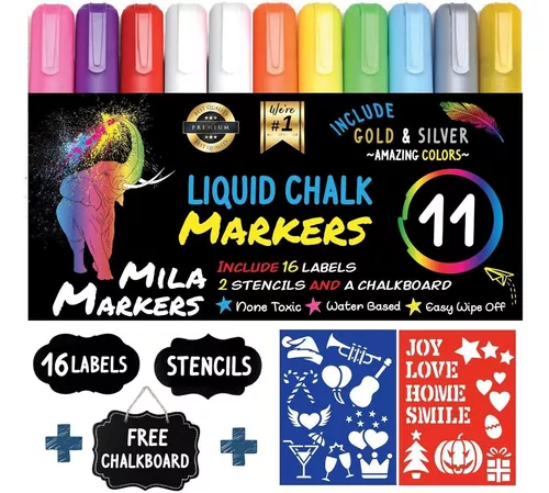 Chalk Markers by Mila Markers, Pack of 11 + A Chalkboard + Christmas Drawing Stencils + 16 Labels, Premium Liquid Chalkboard Neon Pens, Including Gold