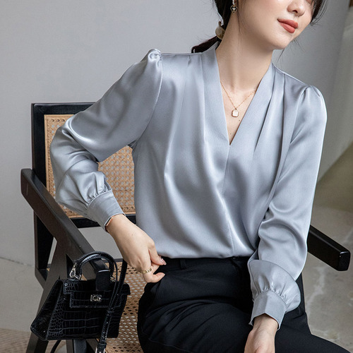 Women Korean Fashion V-neck Chiffon Blouses Long Sleeve