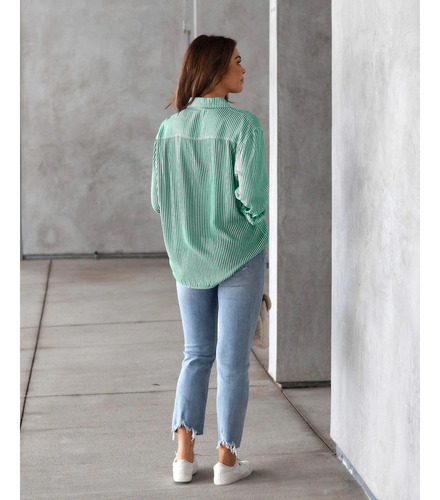 Camisa De Manga Larga Informal Holgada Con Top A Rayas Mujer