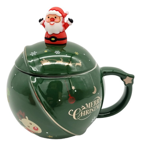 Set De Taza De Cerámica C/tapa Y Cuchara Arbol Navidad 400ml