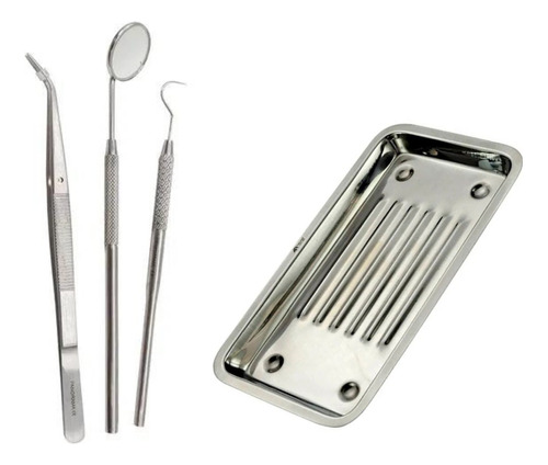 Combo Triada Dental Espejo Explorador Pinza + Bandeja Acero