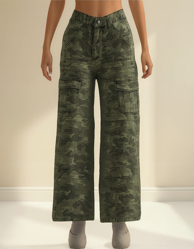 Jean Camuflado Mujer Pantalon Cargo Tiro Alto Ancho De Moda