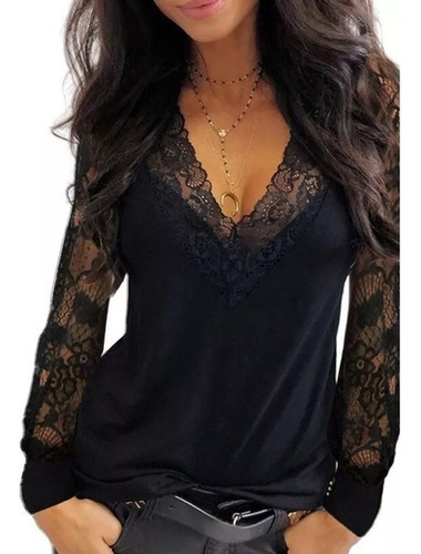 Blusa Sexy De Manga Larga Con Cuello En V Para Mujer