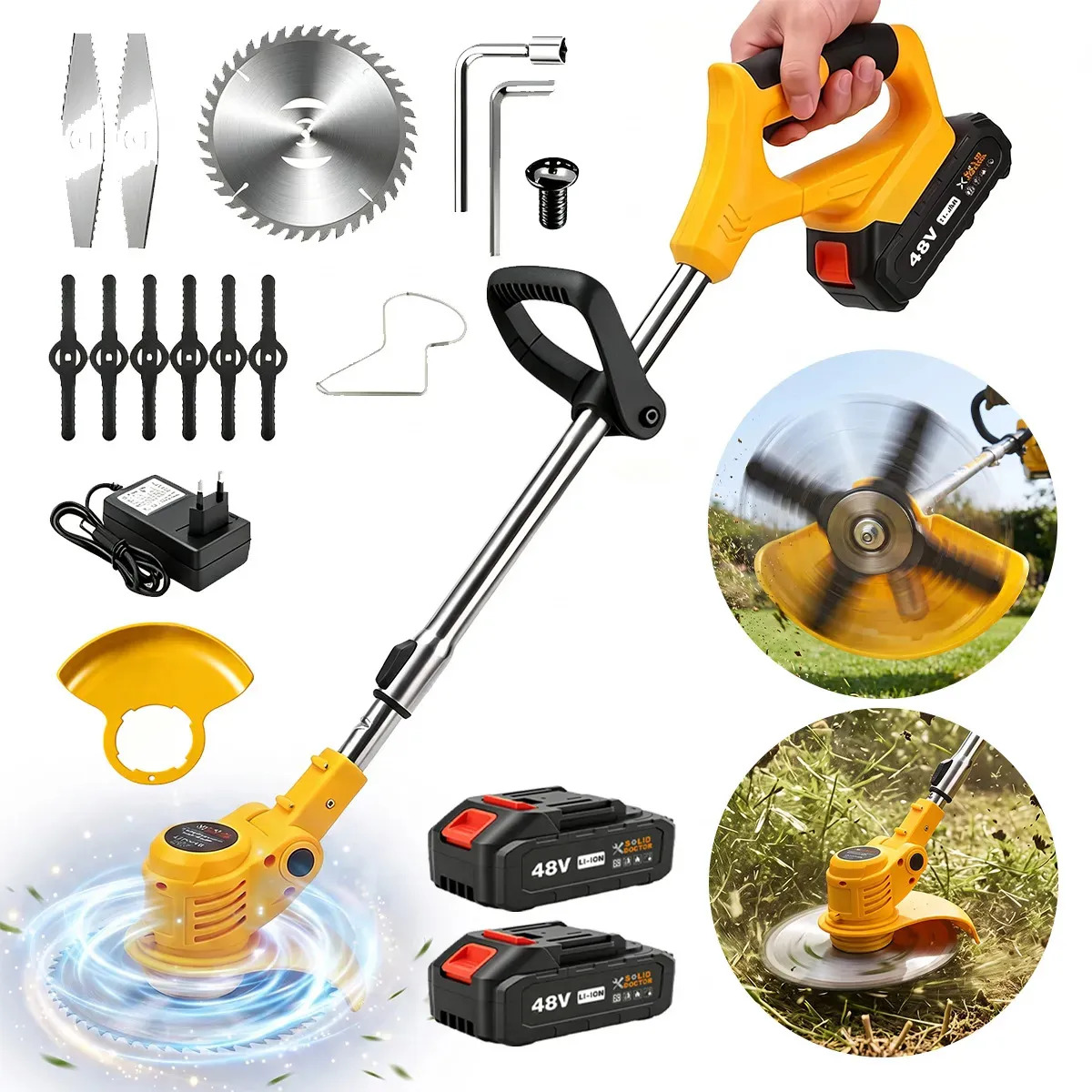 Cortador de Grama SOLID DOCTOR a Bateria 550W Amarelo com 2 Baterias