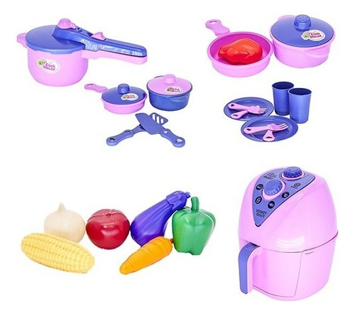 Cozinha Infantil Jogo De Panela Air Fryer Prato Copo 23pç Cor Rosa