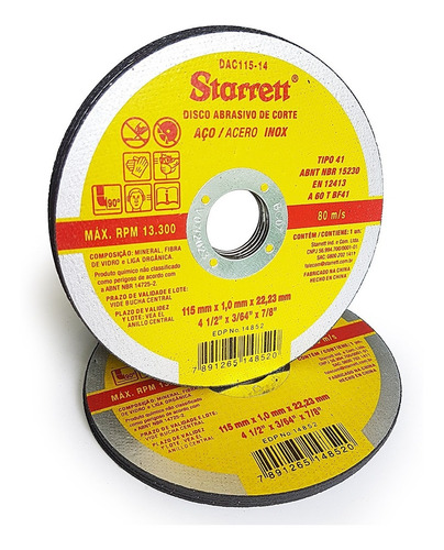 Disco Corte Aço Inox 115mm X 1mm Dac115-14 Starrett 10 Unid.