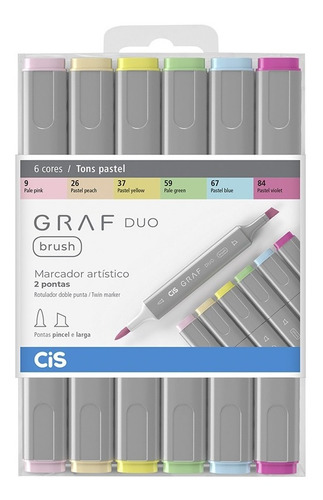 Marcador Artístico Graf Duo Brush 6 Cores Tons Pastel Cis