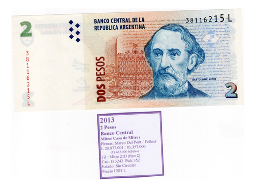 Ltbs015. Billete De 2 Pesos, Serie L De 2013, Bot. 3242