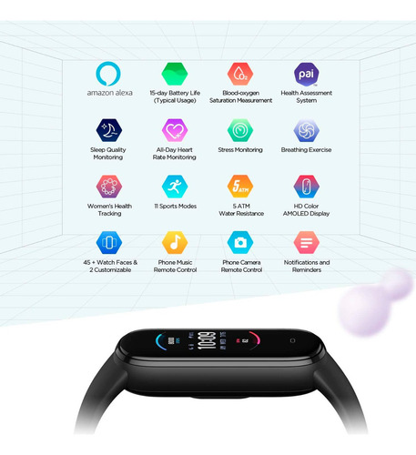 Imagen 7 de 9 de Banda Inteligente Amazfit Band 5 Smartwatch 1.1´´ Color de la caja Negro Color de la malla Midnight black Color del bisel Negro