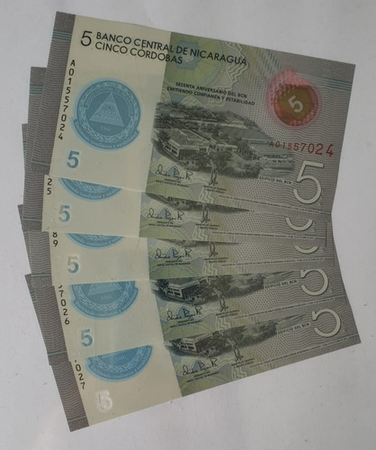 Imagen 2 de 2 de Billetes Mundiales : Nicaragua 5 Cordobas 2019 Lote 5 Bill.